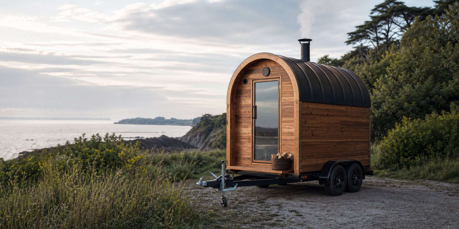 A premium mobile wood-fired sauna on a trailer in a calm coastal setting